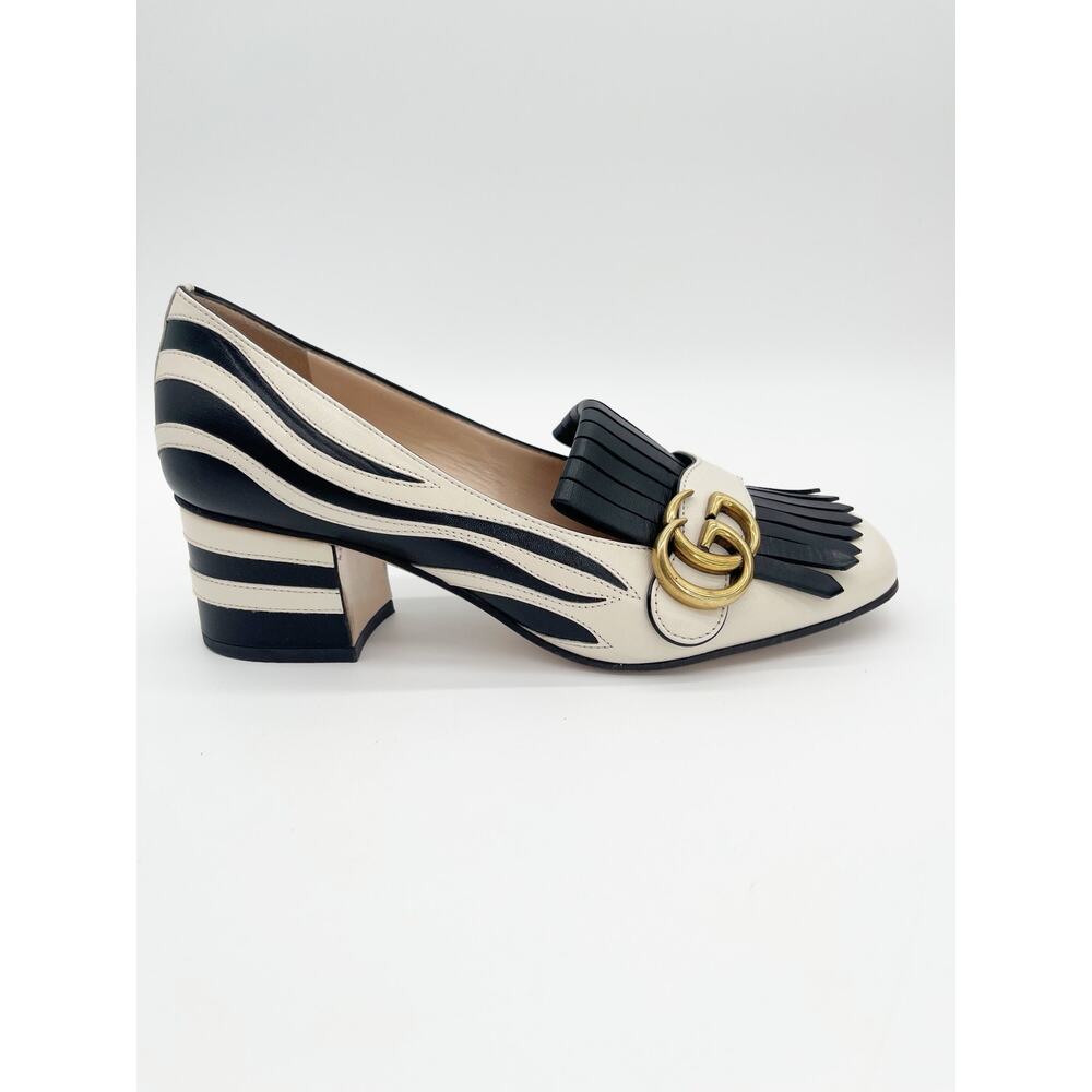 Gucci Marmont Kiltie Zebra Stripe Black White Leather Block Heel Pumps IT 37.5 - Picture 4 of 16
